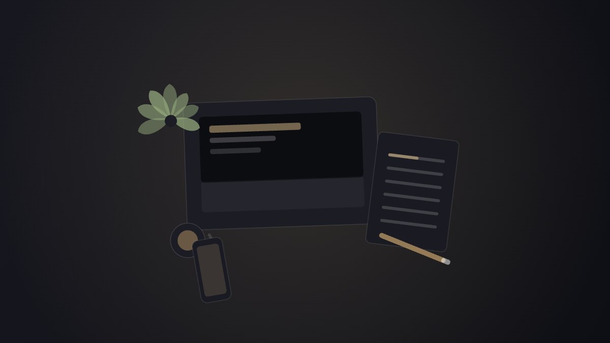 Flat-lay illustration of a designer's desk: a laptop, notebook, phone and coffee cup