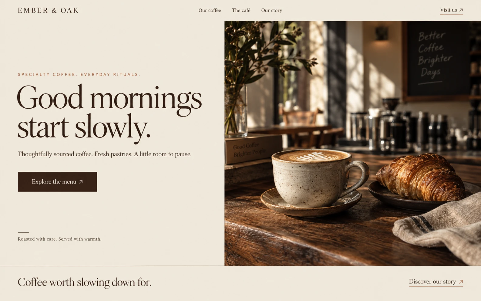 Ember & Oak homepage: a warm cream coffee shop site with a latte and croissant on a wooden counter