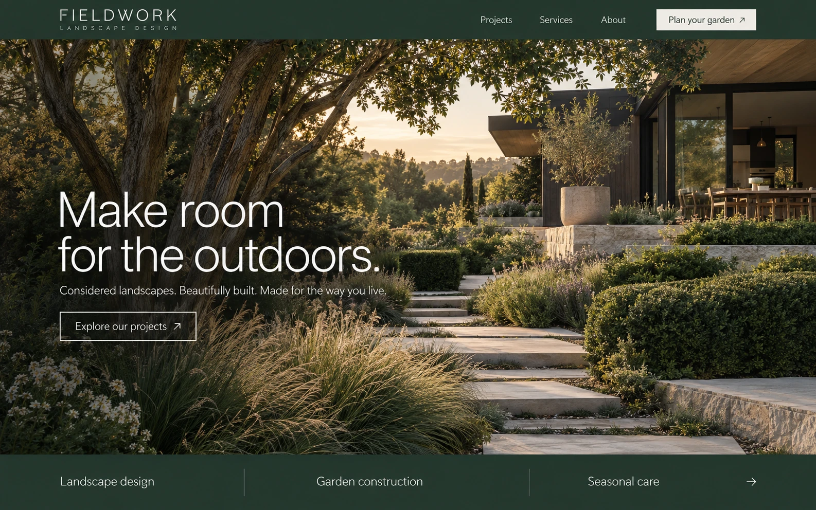 Fieldwork homepage: a landscaped garden path leading to a modern home at sunset
