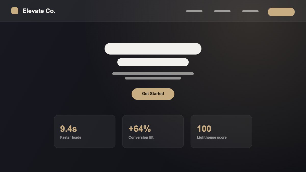Mockup of a WebElevate-built homepage: a centered hero with a stat row for load time, conversion lift and Lighthouse score